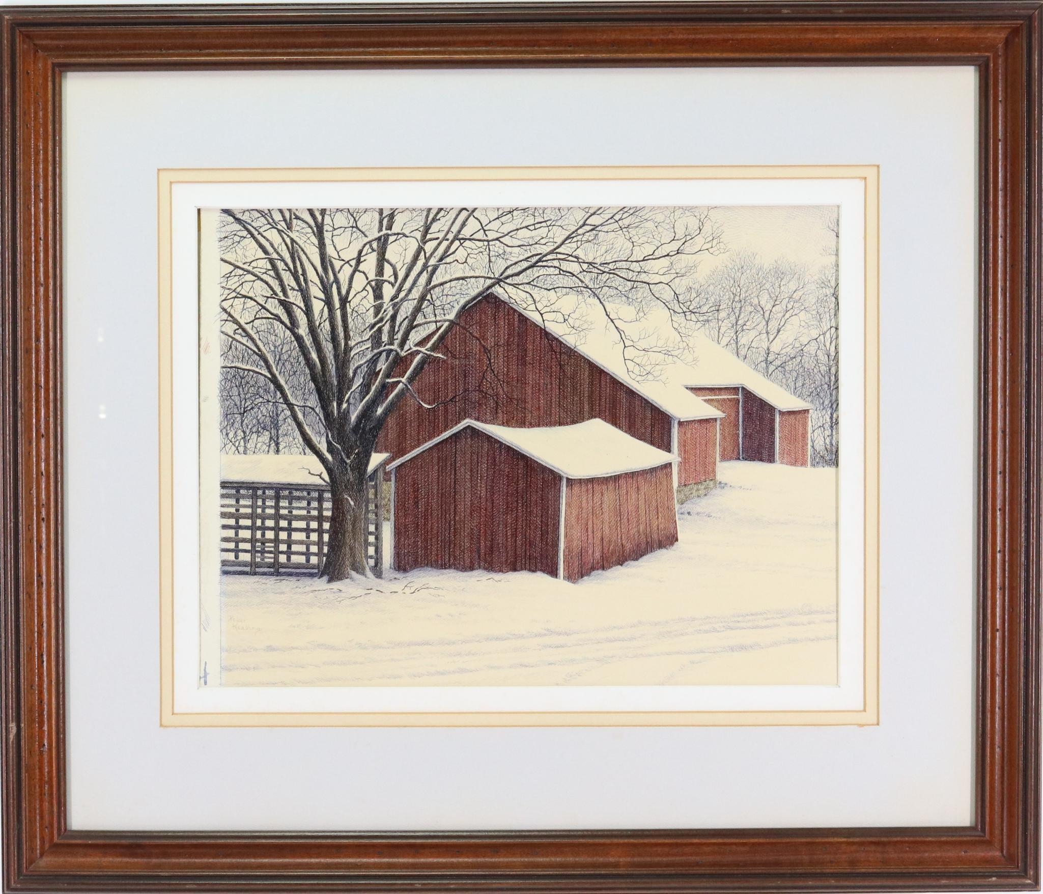 Keating Peter | Winter landscape with a snow covered barn and shed ...
