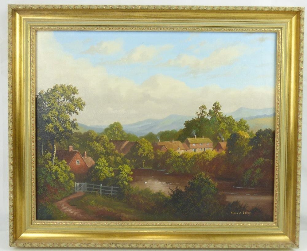 Vincent Selby rural village from riverbank MutualArt