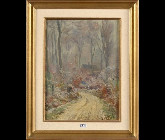 Artwork by Guillaume Vogels, Chemin de forêt enneigé, Made of Oil on canvas mounted on cardboard