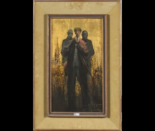 Artwork by Roger van Belleghem, Clarinettistes sur fond doré, Made of Oil on chipboard