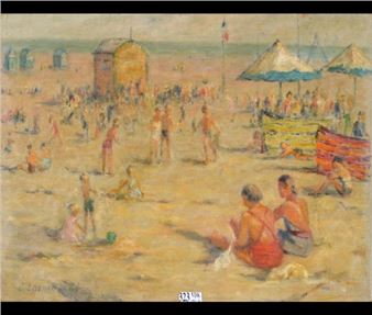 A vibrant impressionist beach scene filled with figures and colorful umbrellas.