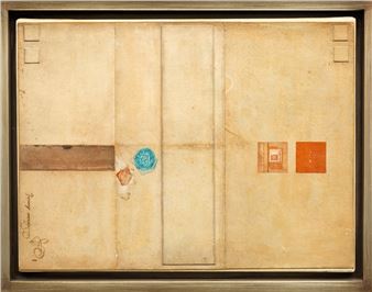 A minimalist abstract composition featuring a textured beige surface with geometric shapes and colored squares.