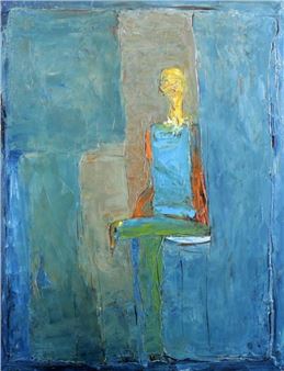 Zittende man in blauwe entourage, - Richard Bilan