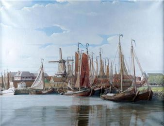 Havengezicht met afgemeerde zeilboten - Jan van Veen