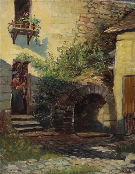Scenery from a courtyard with a woman in the door by Cilius Andersen