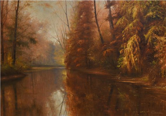 Autumnal river landscape by Fortunato Ornaghi