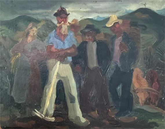 Jean AUJAME (1905-1965) Paysans. Huile sur carton