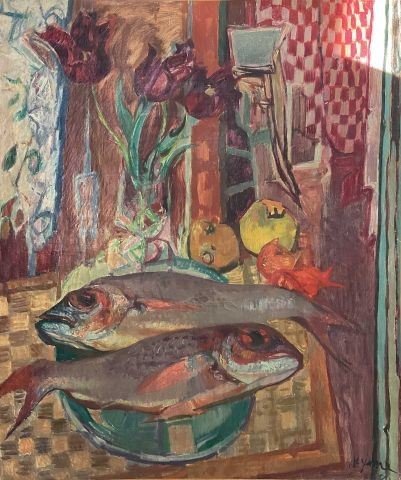 Jean AUJAME (1905-1965) Dorades et tulipes. Huile sur toile by Jean Aujame