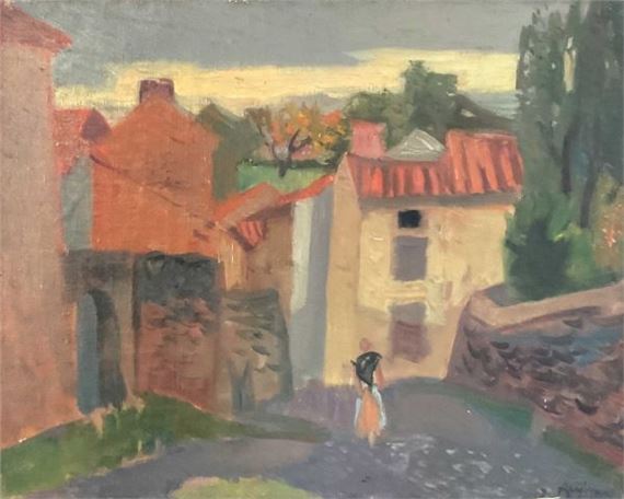 Jean AUJAME (1905-1965) Femme dans une ruelle au crépuscule. Huile sur toile