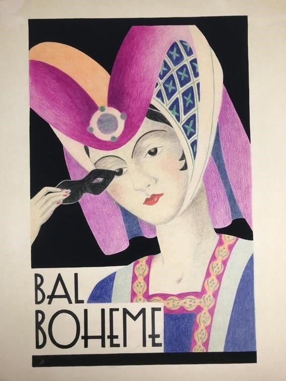 Artwork by Dorothy Kalb, Bal Boheme, Emile Salon, Cude Florist., Made of gouache painting and drawing on board