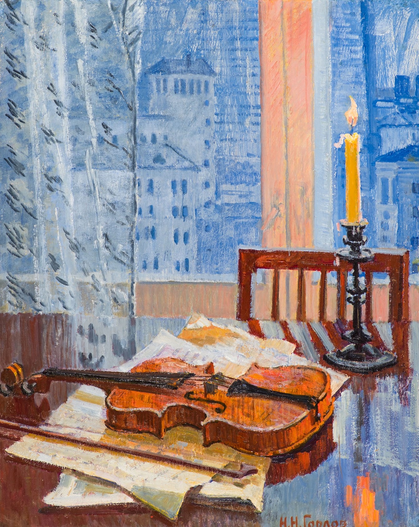 Artwork by Nicolaï Gorlov, Violin and candle, Made of Oil on cardboard