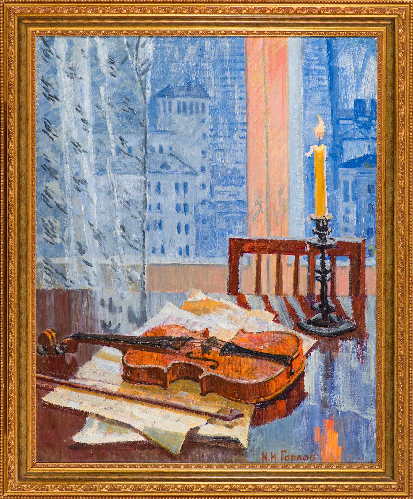 Artwork by Nicolaï Gorlov, Violin and candle, Made of Oil on cardboard