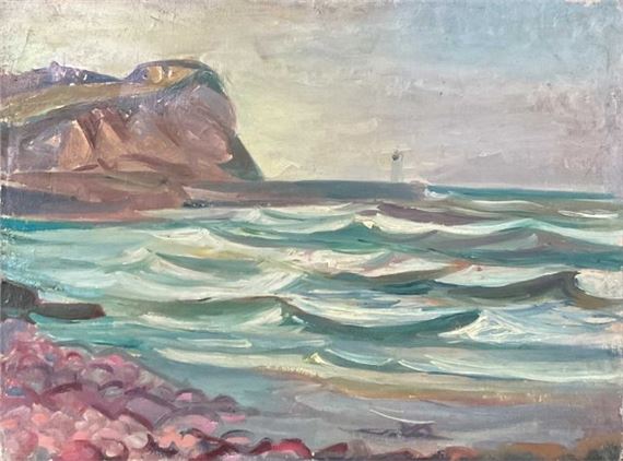 Jean AUJAME (1905-1965) Vagues au pied de la falaise. Huile sur toile