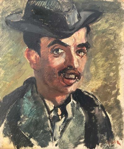 Jean AUJAME (1905-1965) Homme au chapeau. Huile sur carton