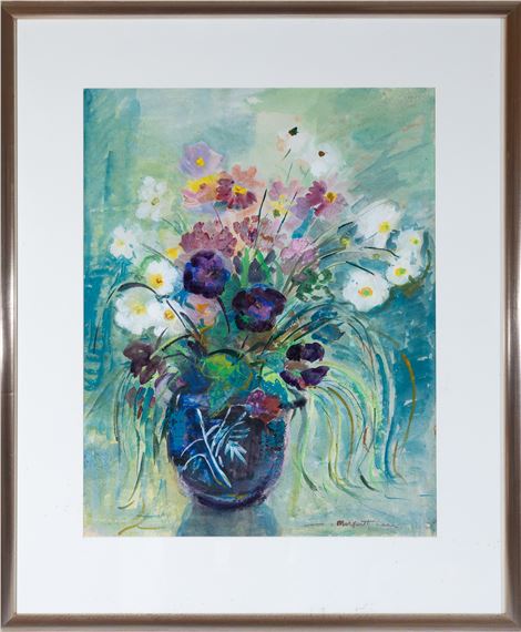 Still life mixed bunch in a blue jug by Margaret Coen