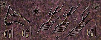 A horizontal digital composition featuring stylized abstract figures against a textured purple background.