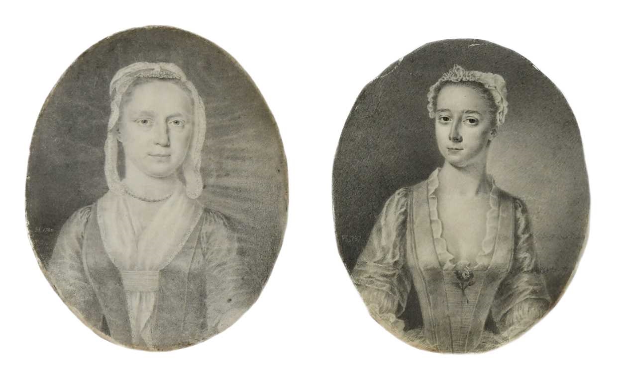 Artwork by R. Haskins, Two portrait miniatures of ladies, Made of plumbago on vellum