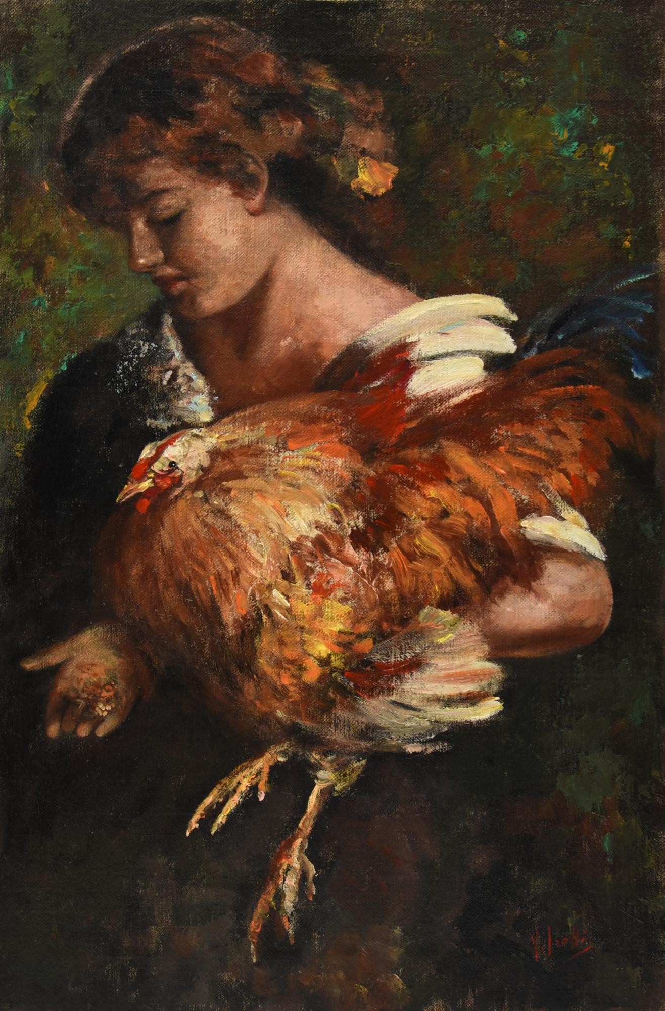 Artwork by Vincenzo Irolli, FANCIULLA CON GALLINA, Made of oil on canvas