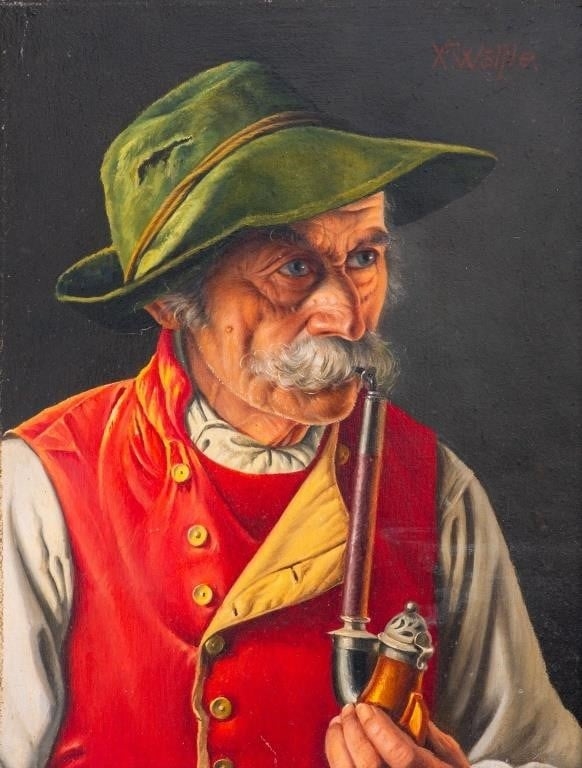 Franz Xavier Wölfle | Franz Xaver Wolfle 'Man Smoking Pipe' Oil on ...