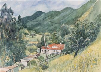 A watercolor landscape painting of a house nestled in a green valley surrounded by rolling hills.