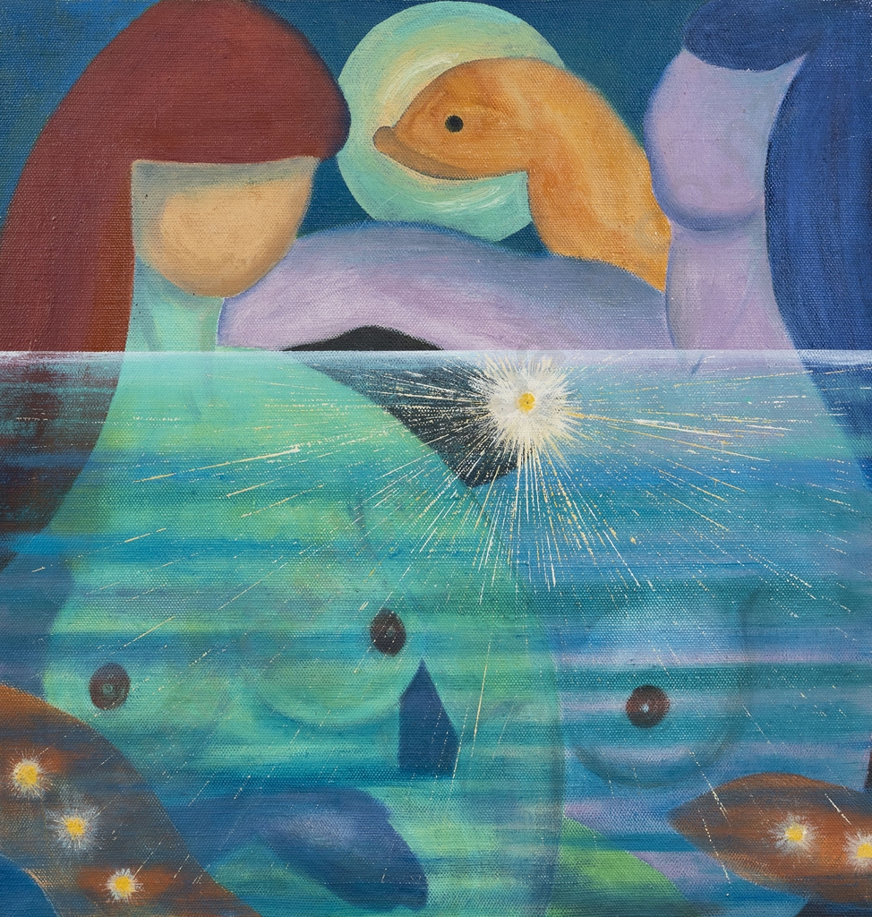 Artwork by John Pine Snadden, Two Women Accosted by a Taniwha, Made of acrylic on canvas