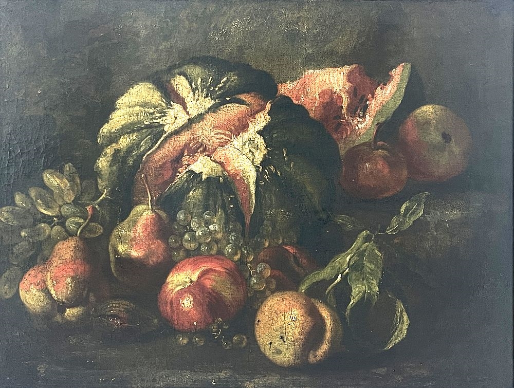 Artwork by Luca Forte, Still life of a watermelon, grapes, pears and apples, Made of oil on re-lined canvas