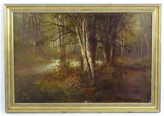 A wooded river landscape with a farmer and a flock of sheep on a path. - Frank Hicks