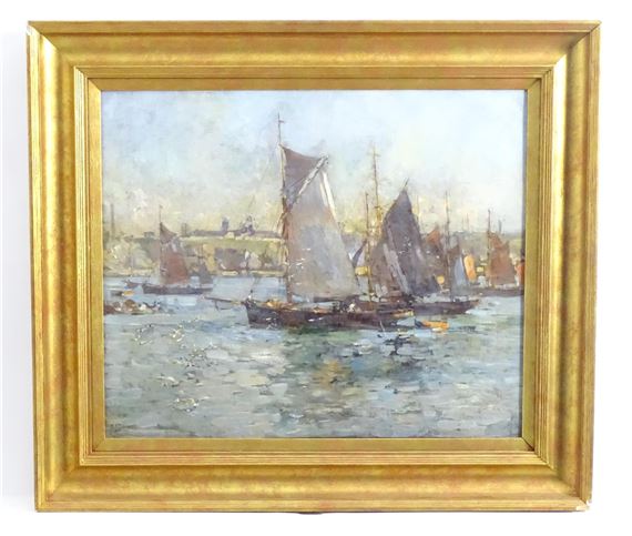 Boats in a harbour by Bernard Finegan Gribble