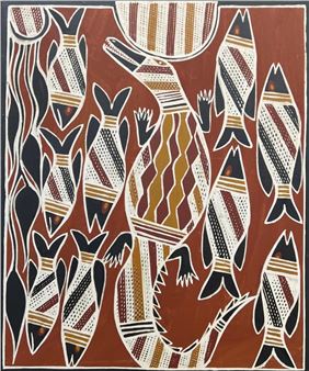 A vibrant Aboriginal-style painting featuring a central crocodile surrounded by fish against a deep red background.