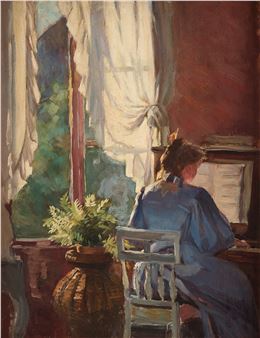 Sunlit interior with woman playing the piano - Emma Sparre