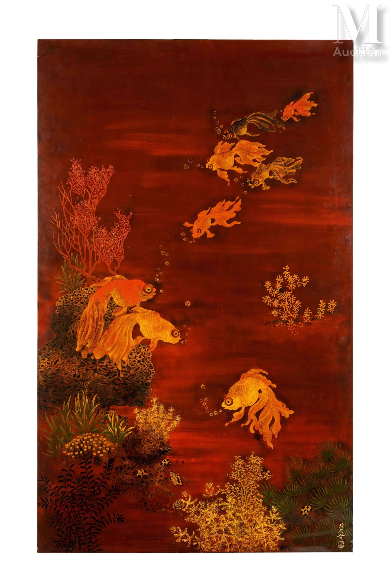 Artwork by Pham Hau, Poissons rouges avec l'abondance, Made of Lacquered wood panel