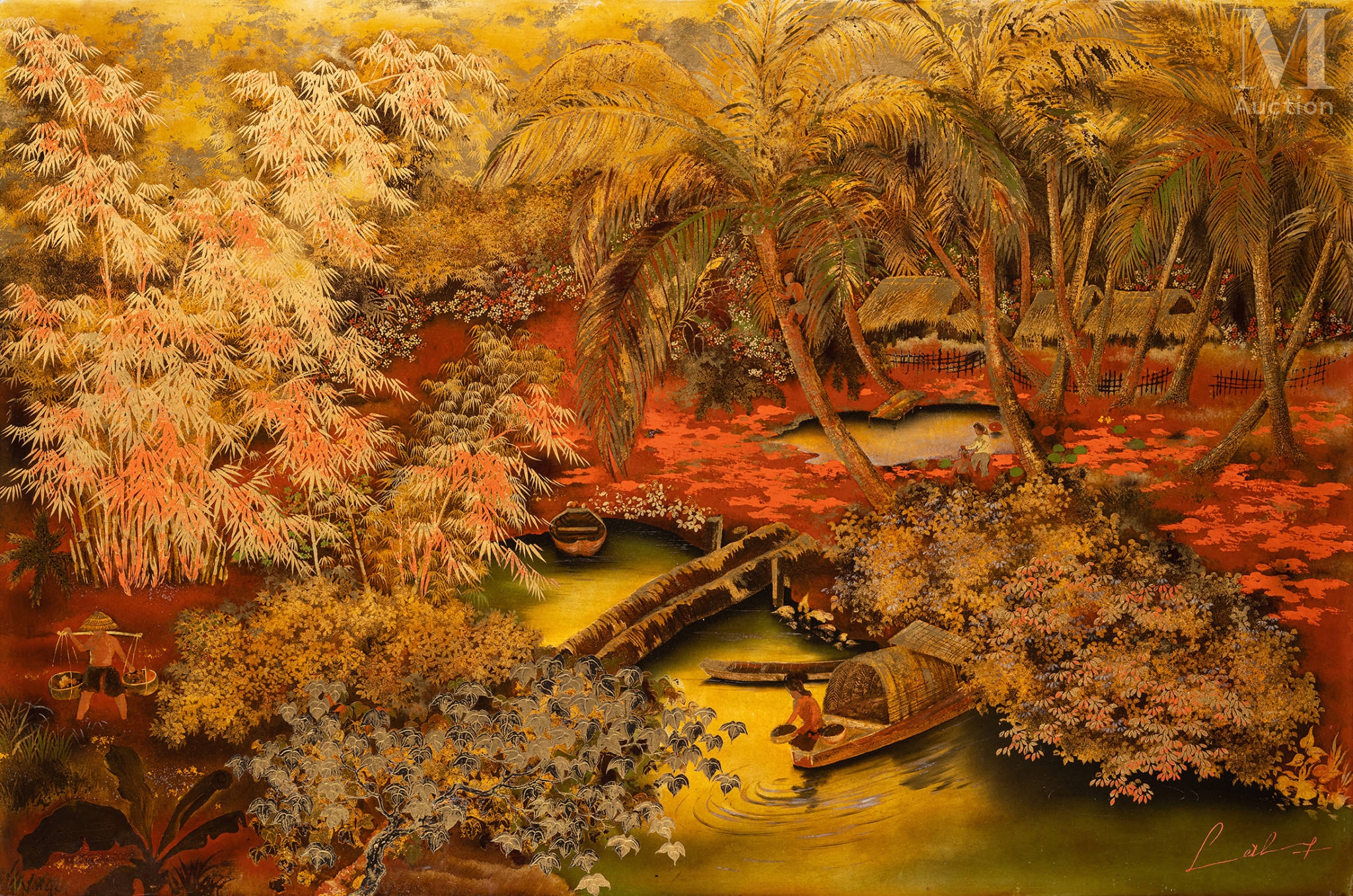 Artwork by Le Thy, Coin du village de Bentre, Cochinchine, Made of Lacquered wood panel