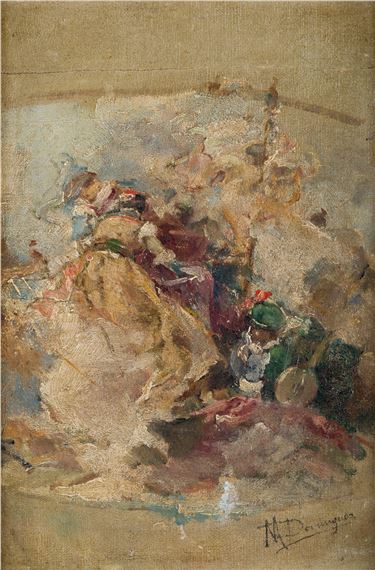 "Boceto para tech con figura dfemenina de espaldas y trovador" by Manuel Dominguez Meunier