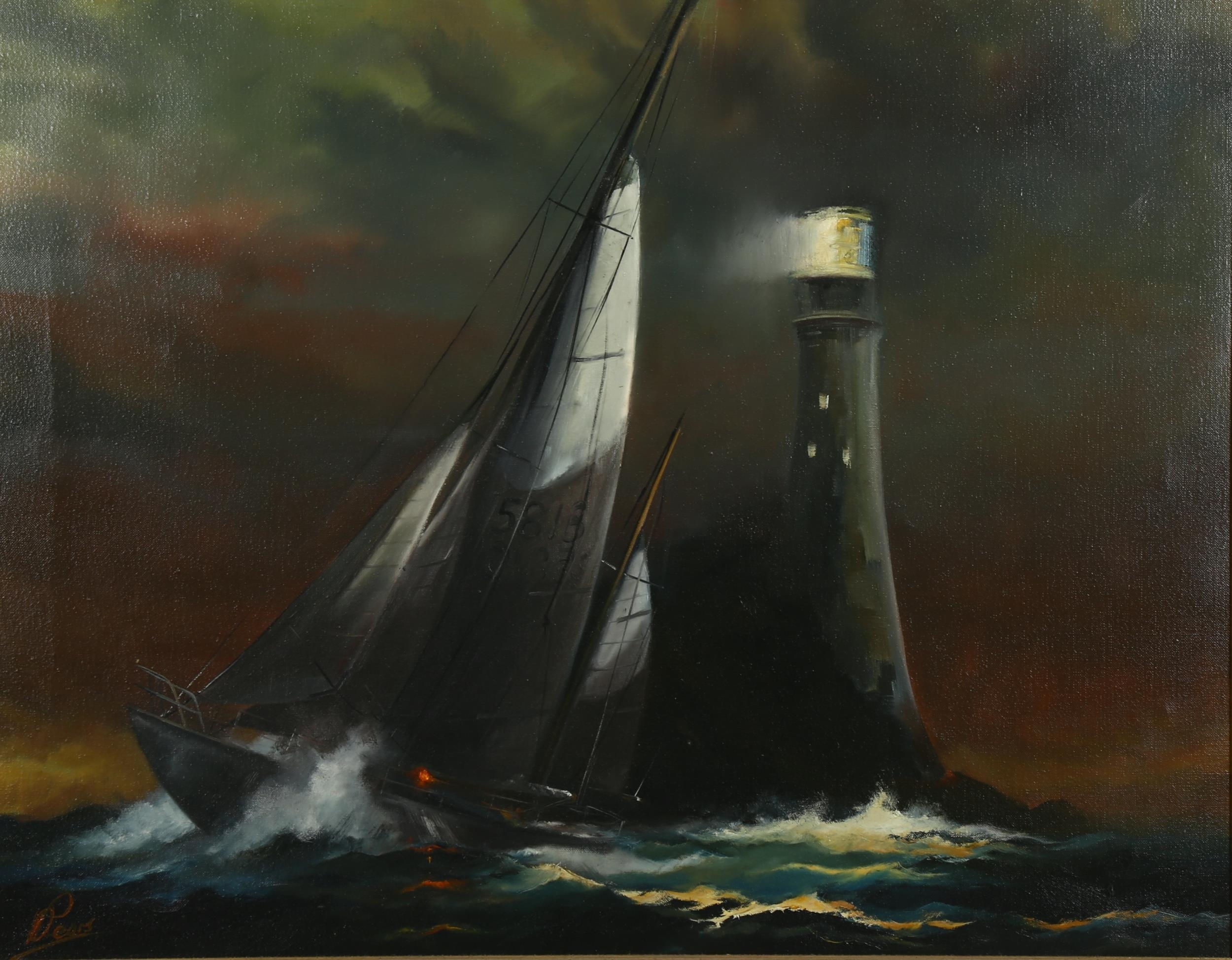 Dion Pears racing yacht passing a lighthouse MutualArt