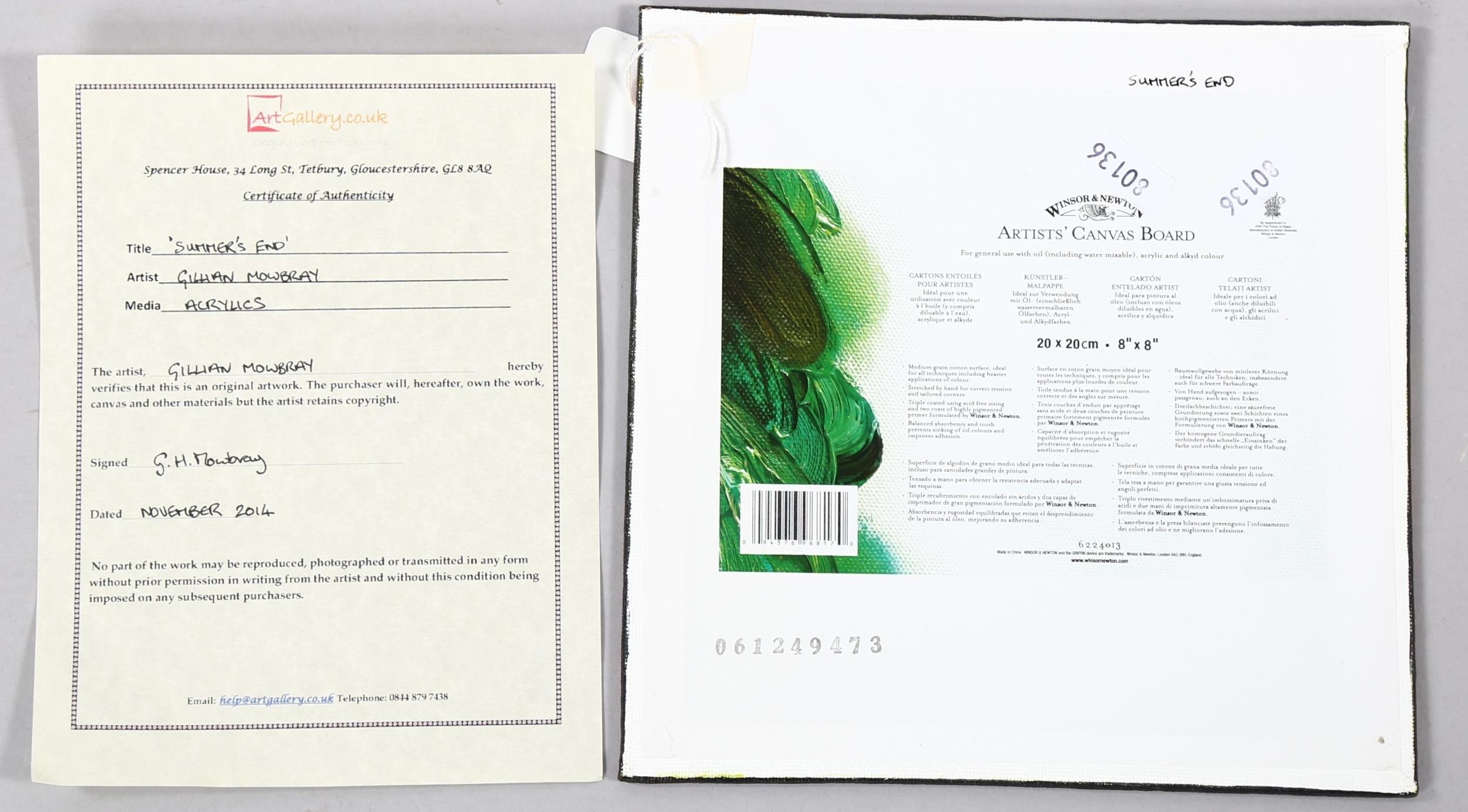 Artwork by Gillian Mowbray, Summer's end, Made of acrylic on board