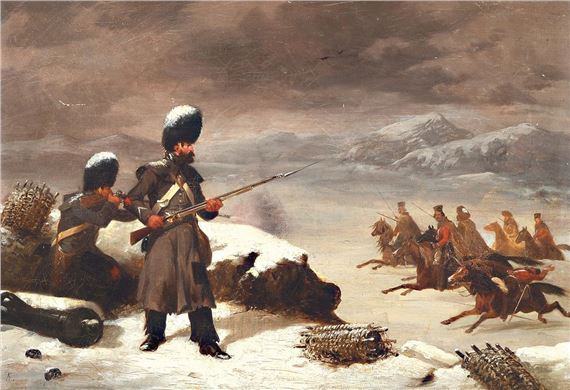 Snow-covered winter landscape with attacking cavalry and defending soldiers - Axel Johan Fägerplan