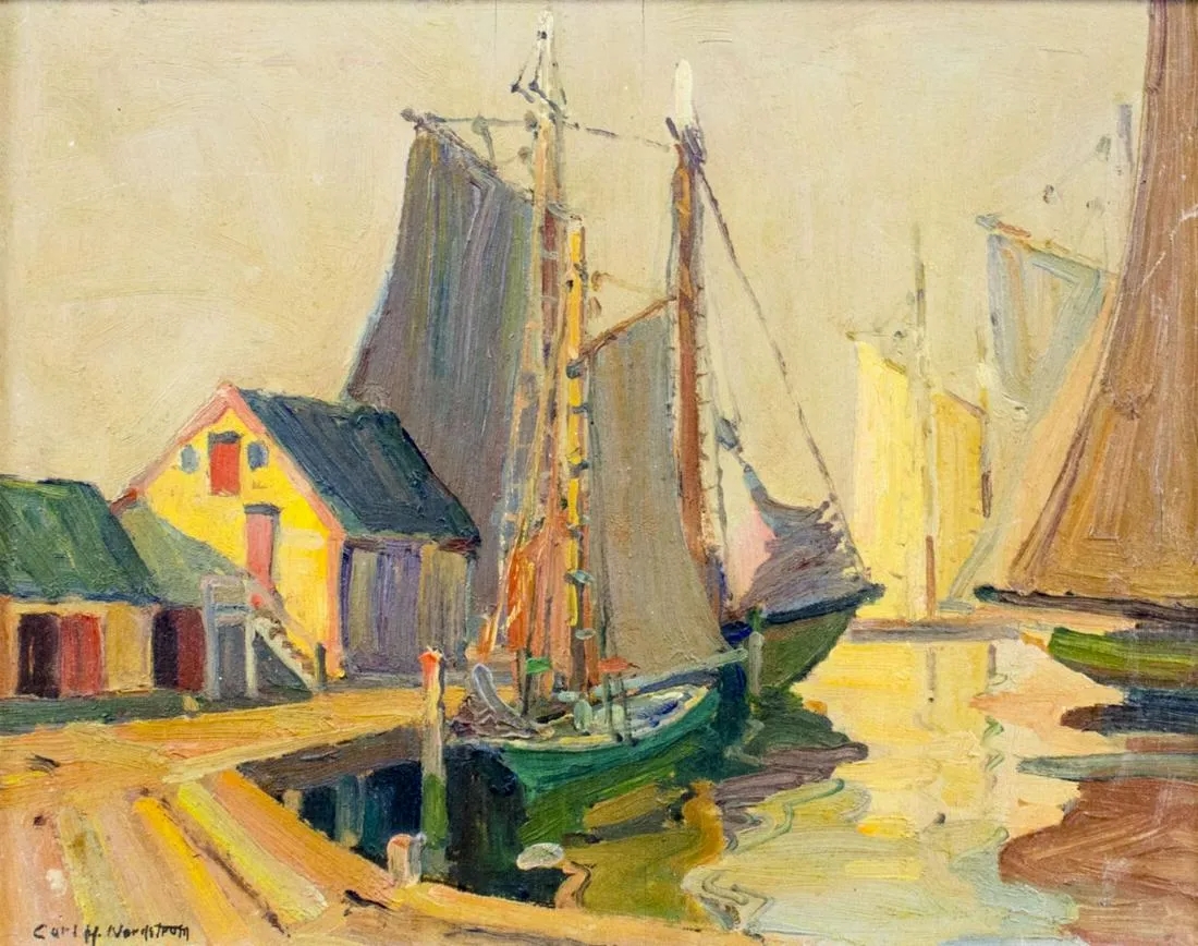 Artwork by Carl Nordstrom, The Gillhetters Wharf, Made of oil on board