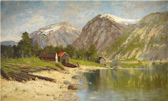 large fjord landscape with traditional wooden houses - Carl Erik Törner