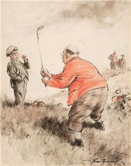 A drawing of a man playing golf with a child.