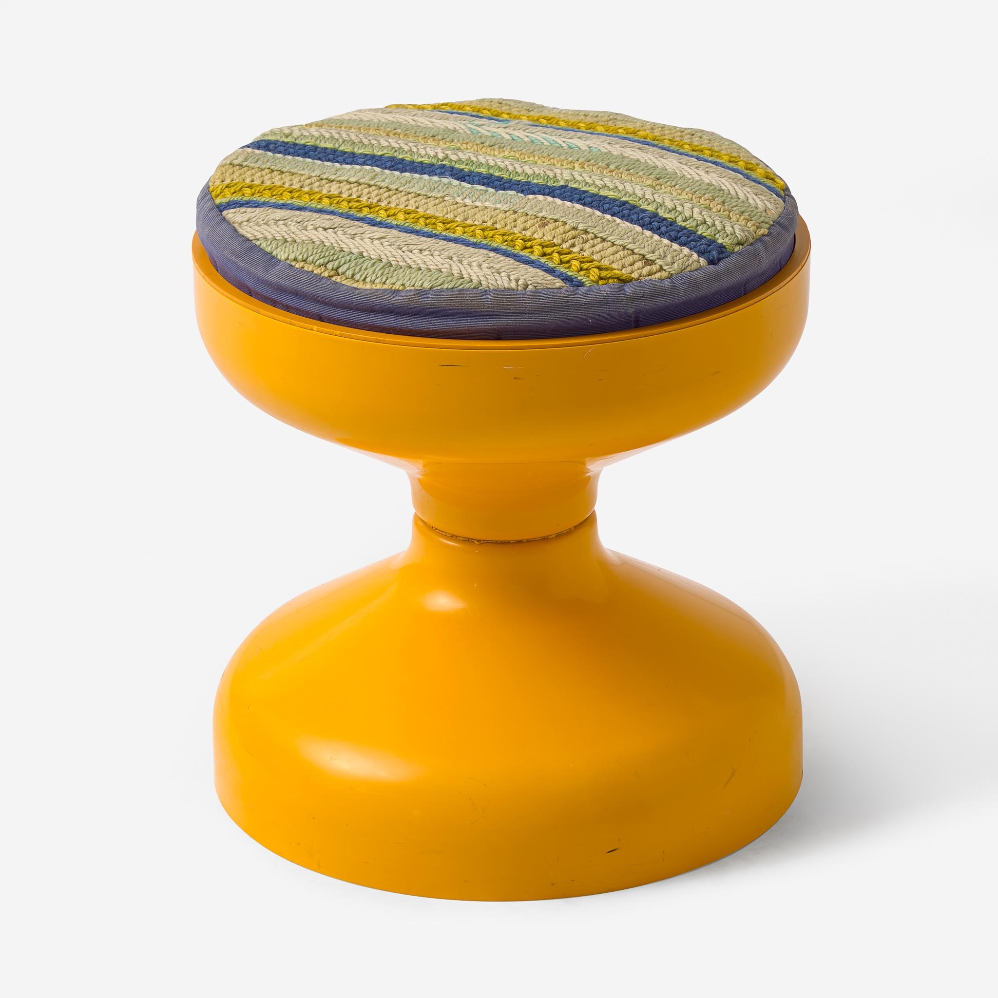 "Rocchetto" Kartell Stool with Erica Wilson Embroidered Cushion, Italy and USA, circa 1970 by Pier Giacomo Castiglioni, Achille Castiglioni, Erica Wilson