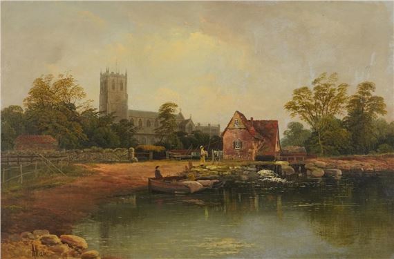 Figures beside a lake before a cathedral by Richard Allam, 19th century
