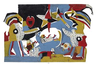 A colorful, abstract composition featuring stylized figures and animals in a dynamic, collage-like arrangement.