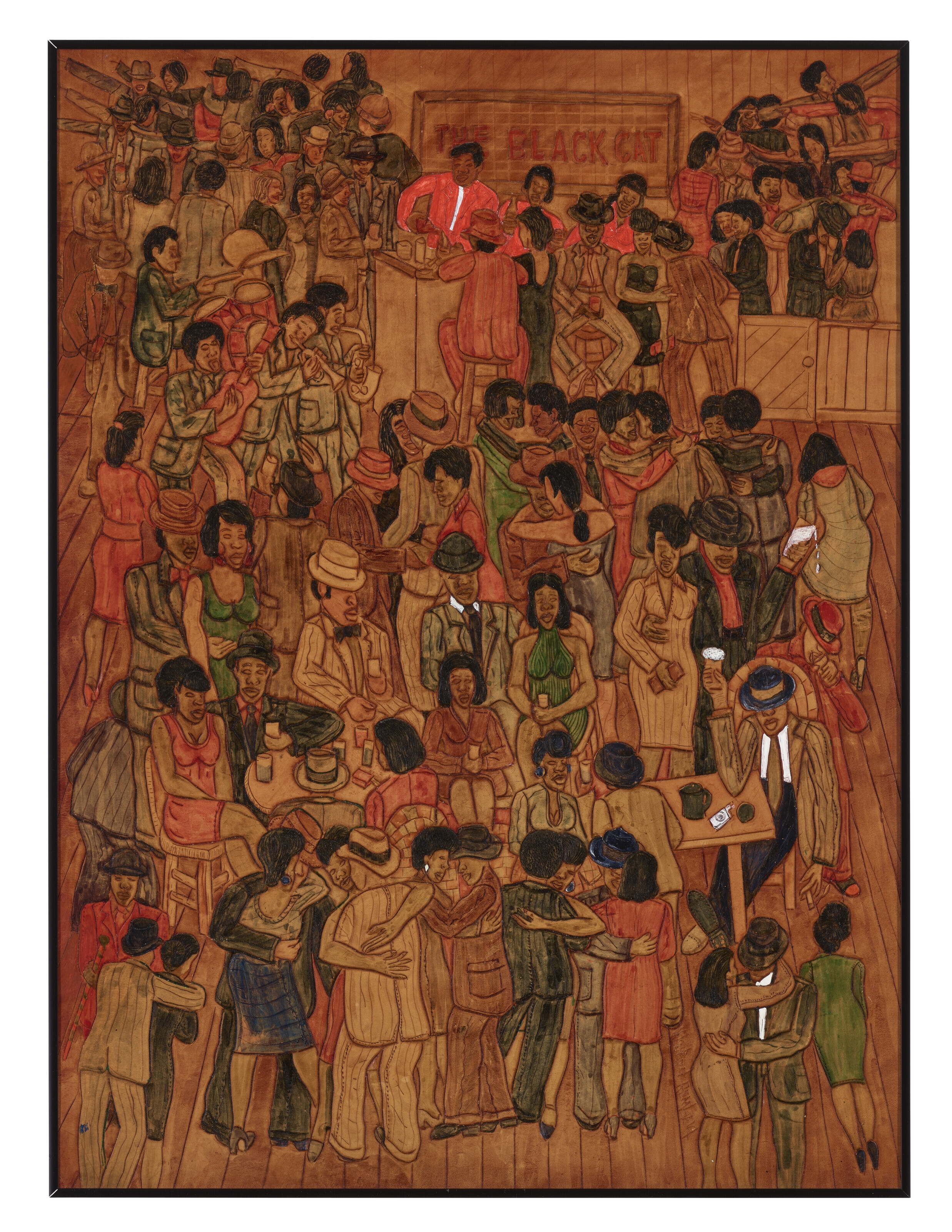 Artwork by Winfred Rembert, The Black Cat, Made of dye on carved and tooled leather