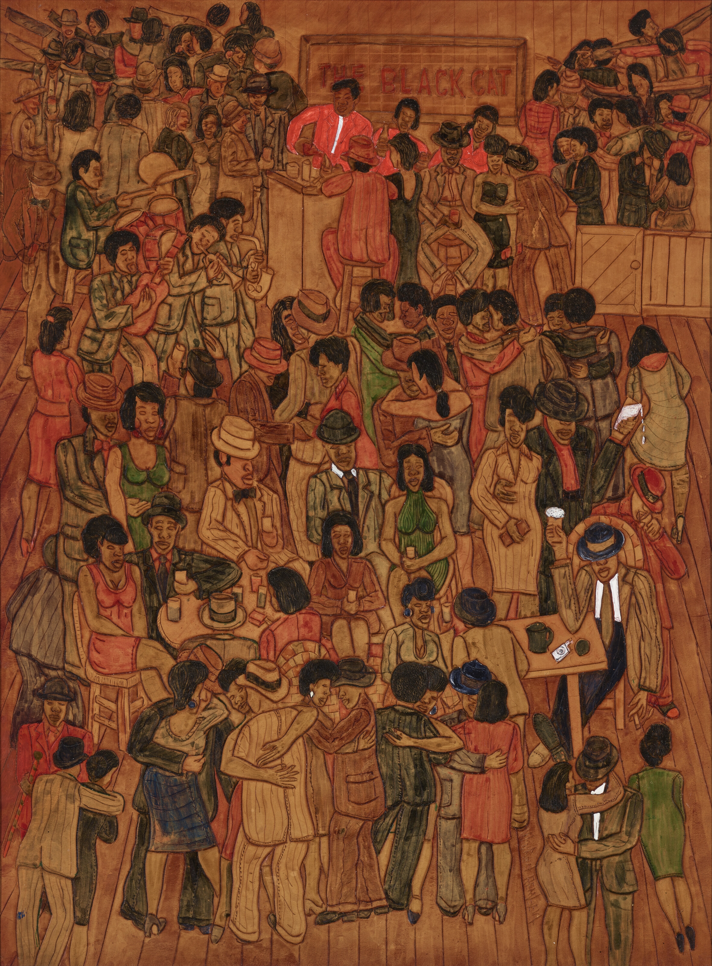 Artwork by Winfred Rembert, The Black Cat, Made of dye on carved and tooled leather