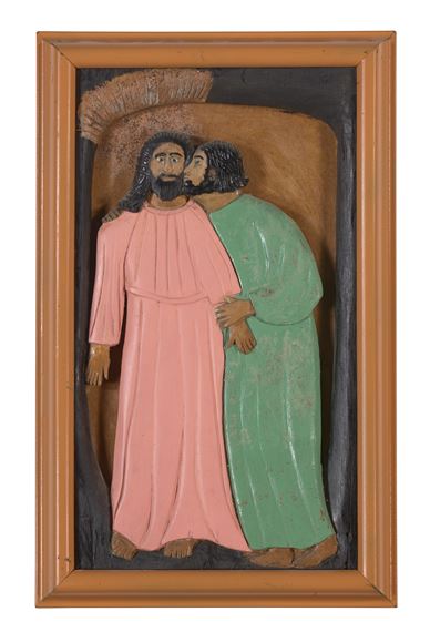 Judas Kissing Jesus by Elijah Pierce, September 1960