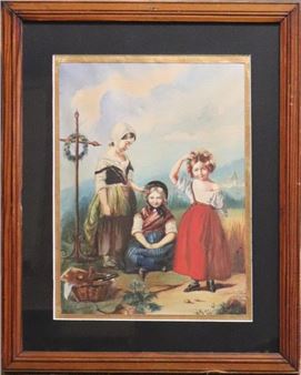 Jeunes filles au déjeuner de campagne Aquarelle signée et datée 1847 en bas à droite - Claire de Saint-vincent