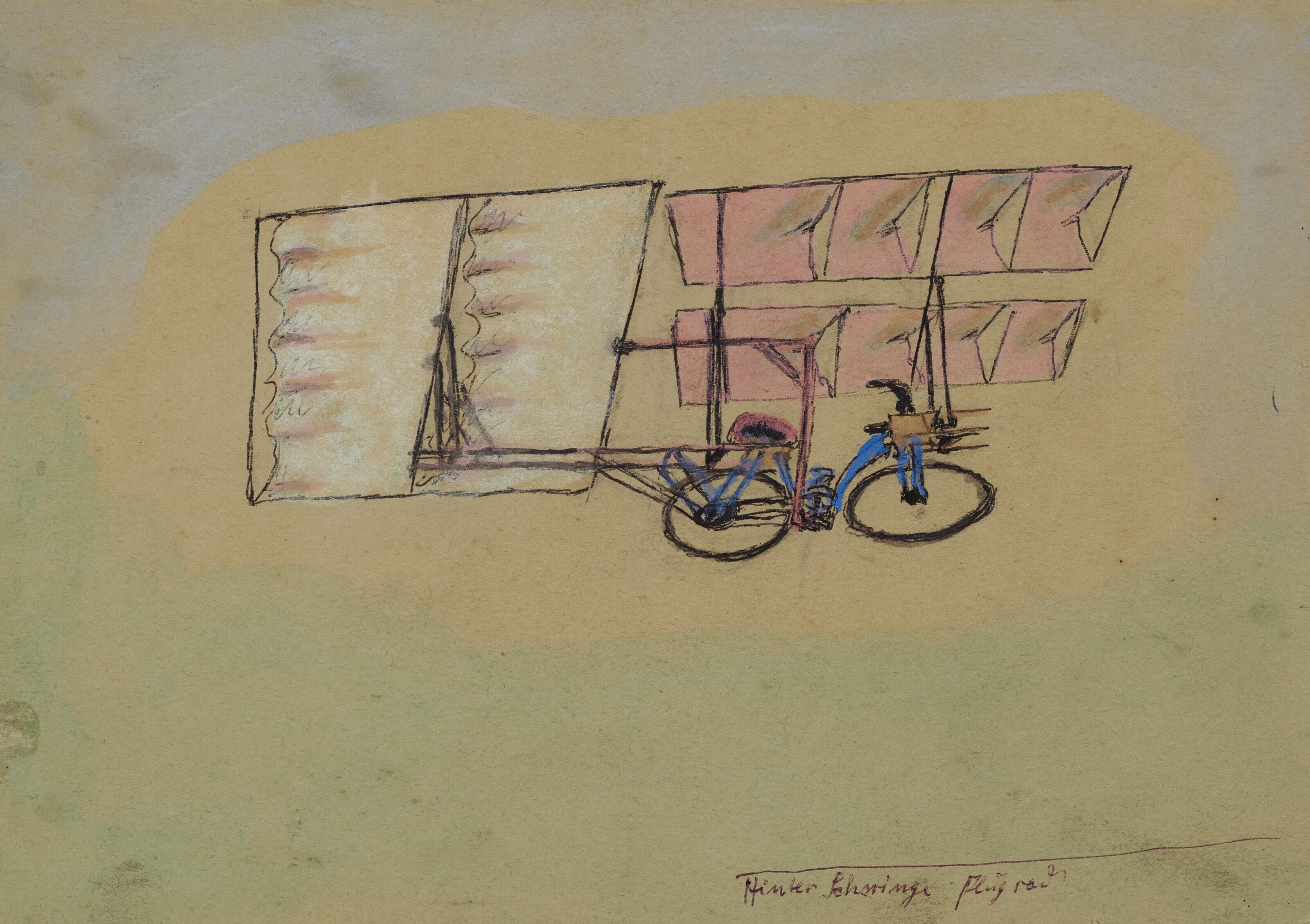 Artwork by Gustav Mesmer, Untitled (Three Flying Machines), Made of ink and watercolor on brown paper