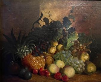 . , Still Life of fruit on a table setting spilling out of a basket - William Stuart