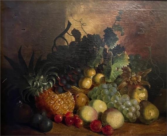 . , Still Life of fruit on a table setting spilling out of a basket - William Stuart