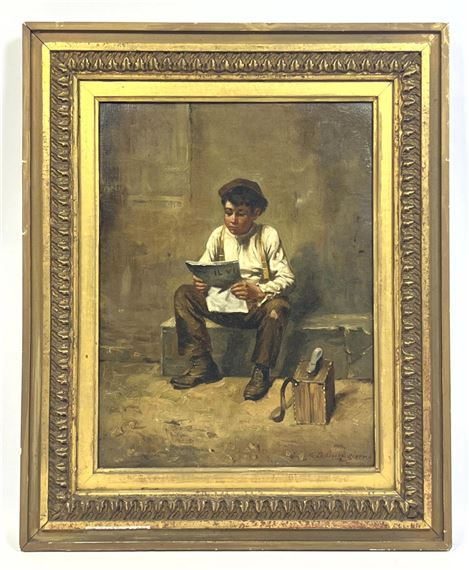 Young boy reading paper with shoe shine box. by Donatus Buongiorno